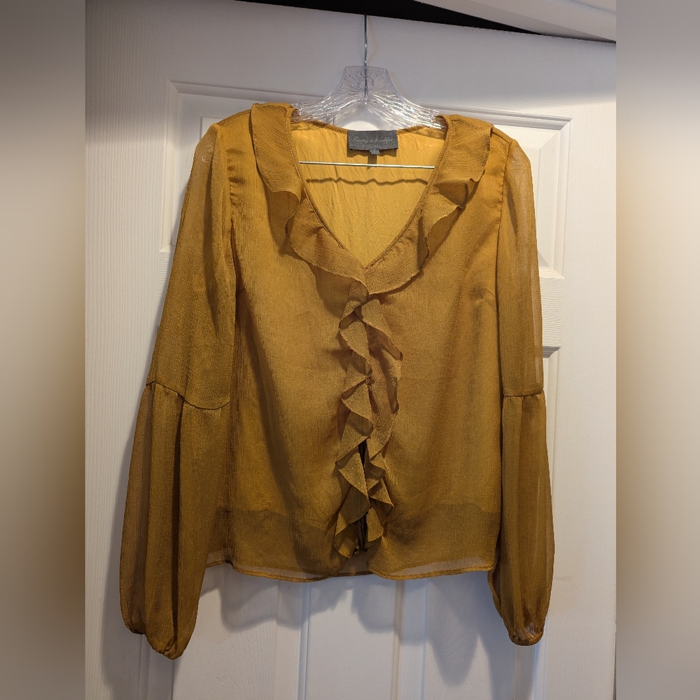 Sunday in Brooklyn Anthropologie Mustard Yellow Sheer Lined Blouse Top Sz S EUC - Picture 2 of 16